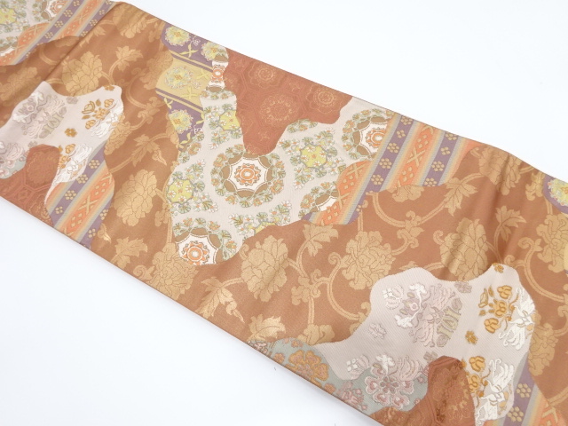 JAPANESE KIMONO / VINTAGE FUKURO OBI / WOVEN BIRDS & FLOWER CREST